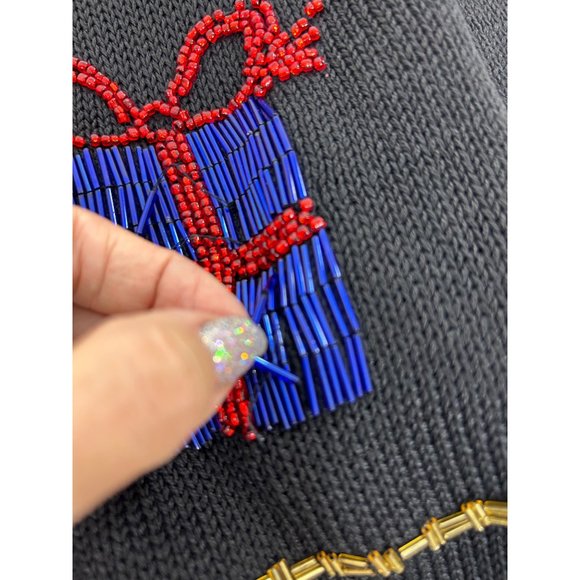 Christmas Tunic Sweater Victoria Jones Vintage 90’s M/L Black Beaded Pearls Mock - Picture 12 of 17